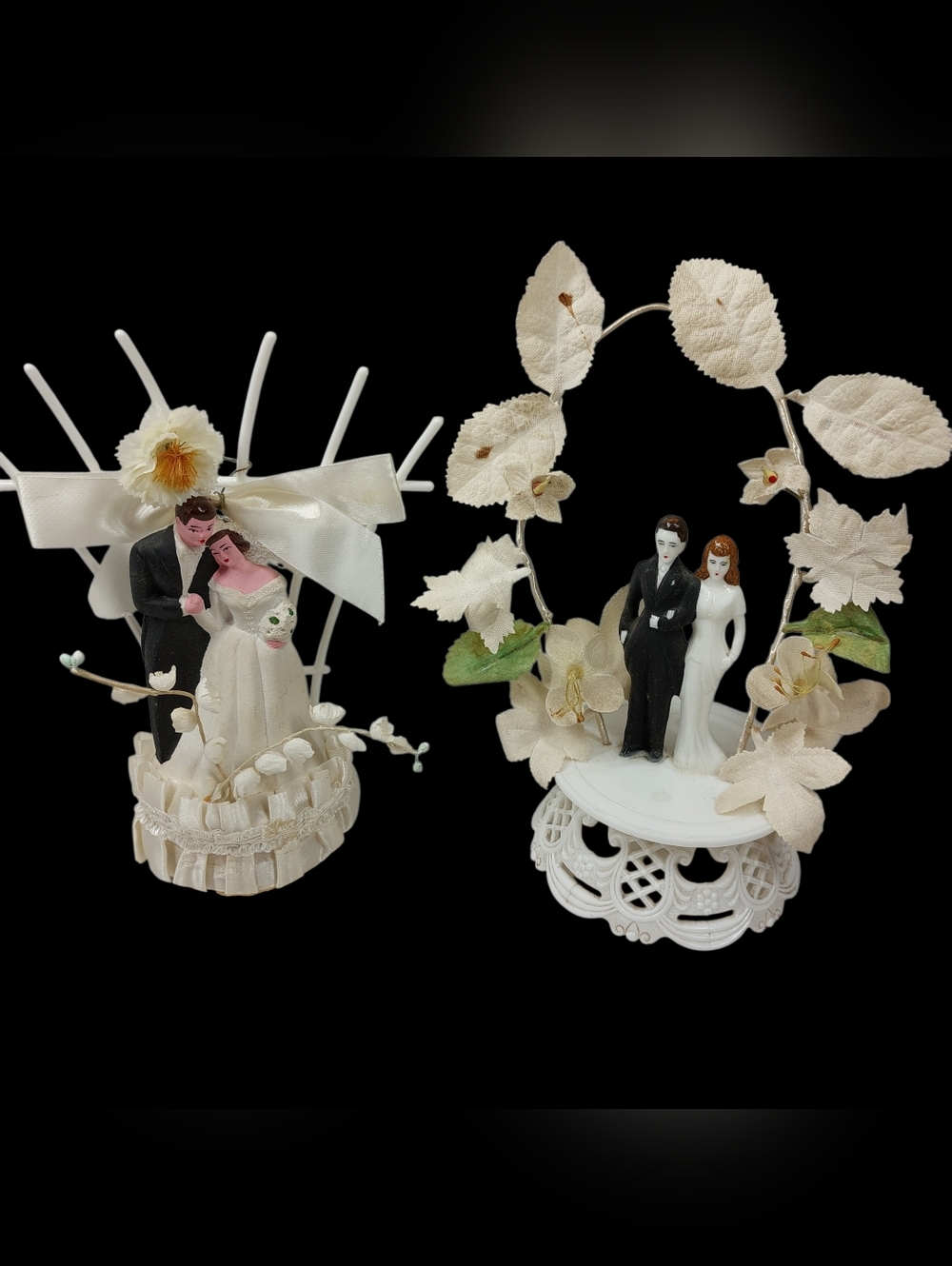 VTG 1940s 50s WEDDING CAKE TOPPERS BRIDE & GROOM LOT OF 2 Chalkware Plastic
